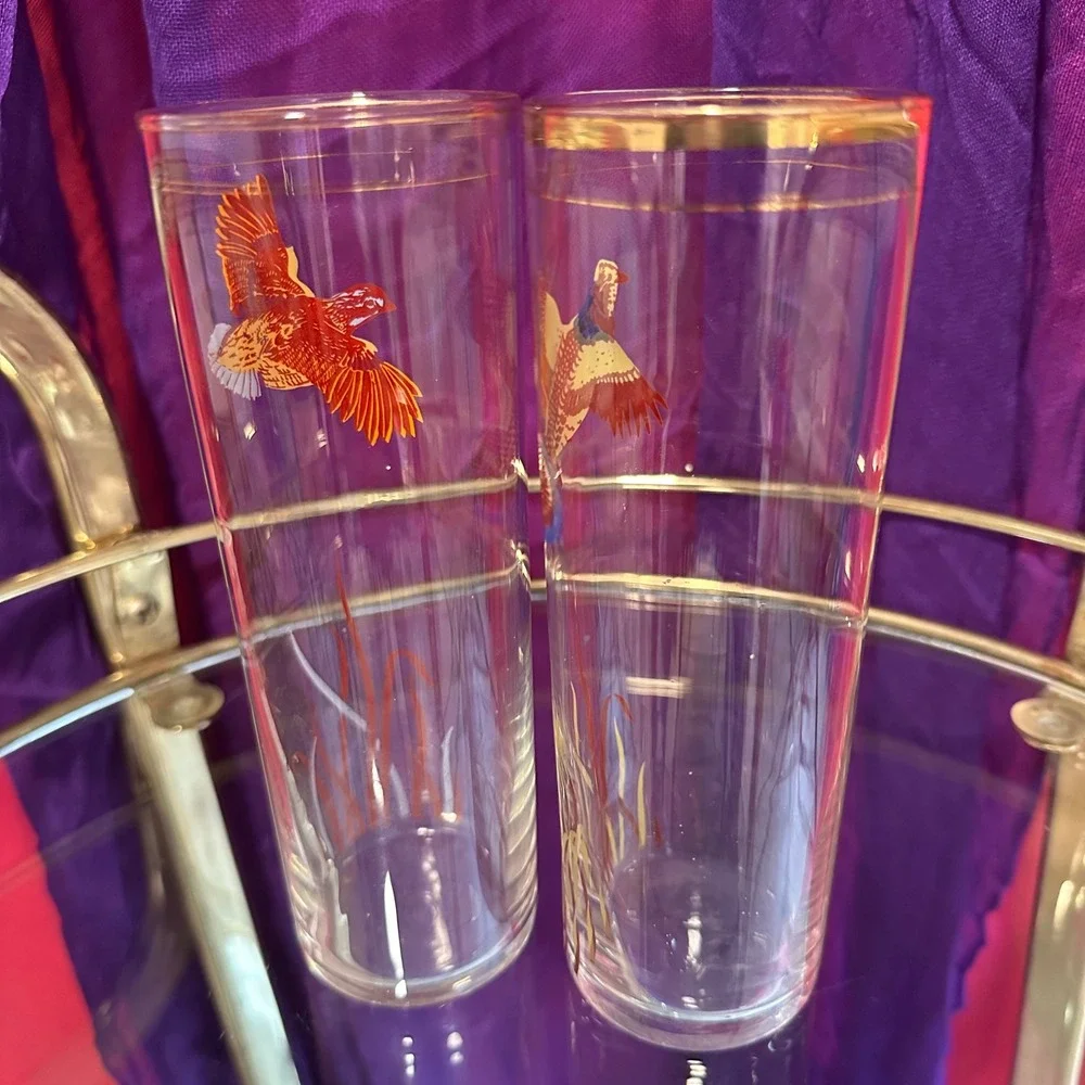 Vintage 1950s–1960s Pheasant Highball Glasses‎ Set of 2 Mid Century Fall Barware